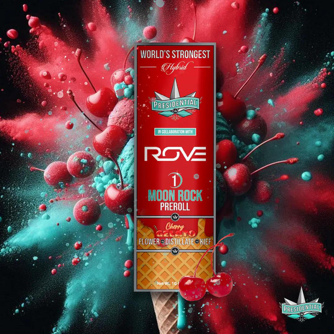 Presidential Cherry Gelato infused pre-roll packaging artwork in a square layout