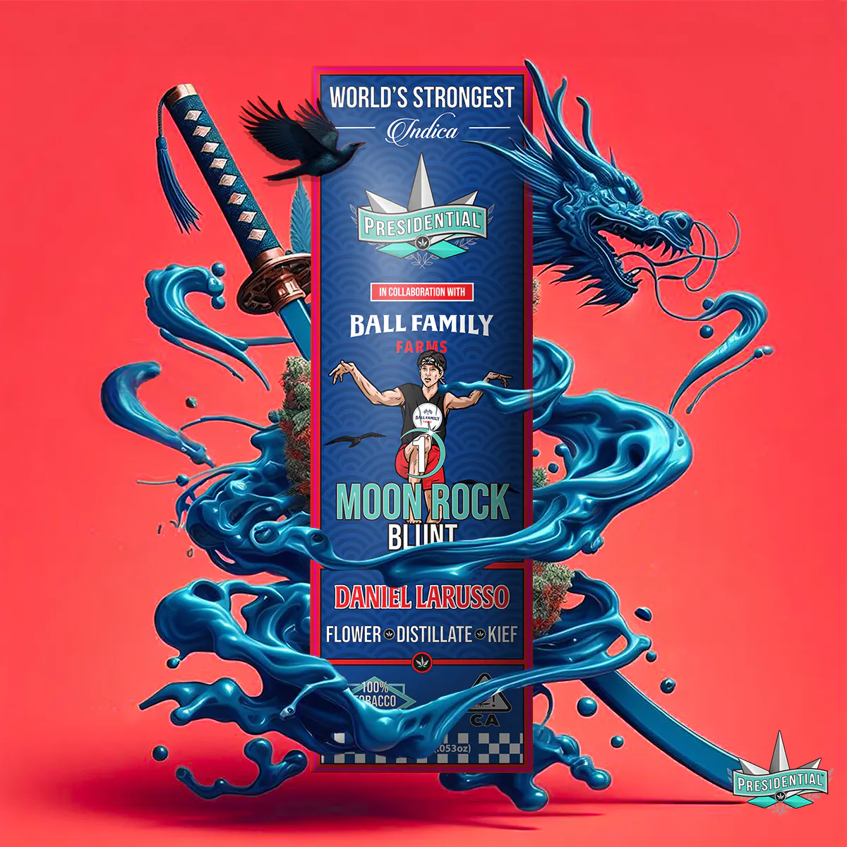 Presidential Daniel Larusso blunt packaging artwork in a square layout