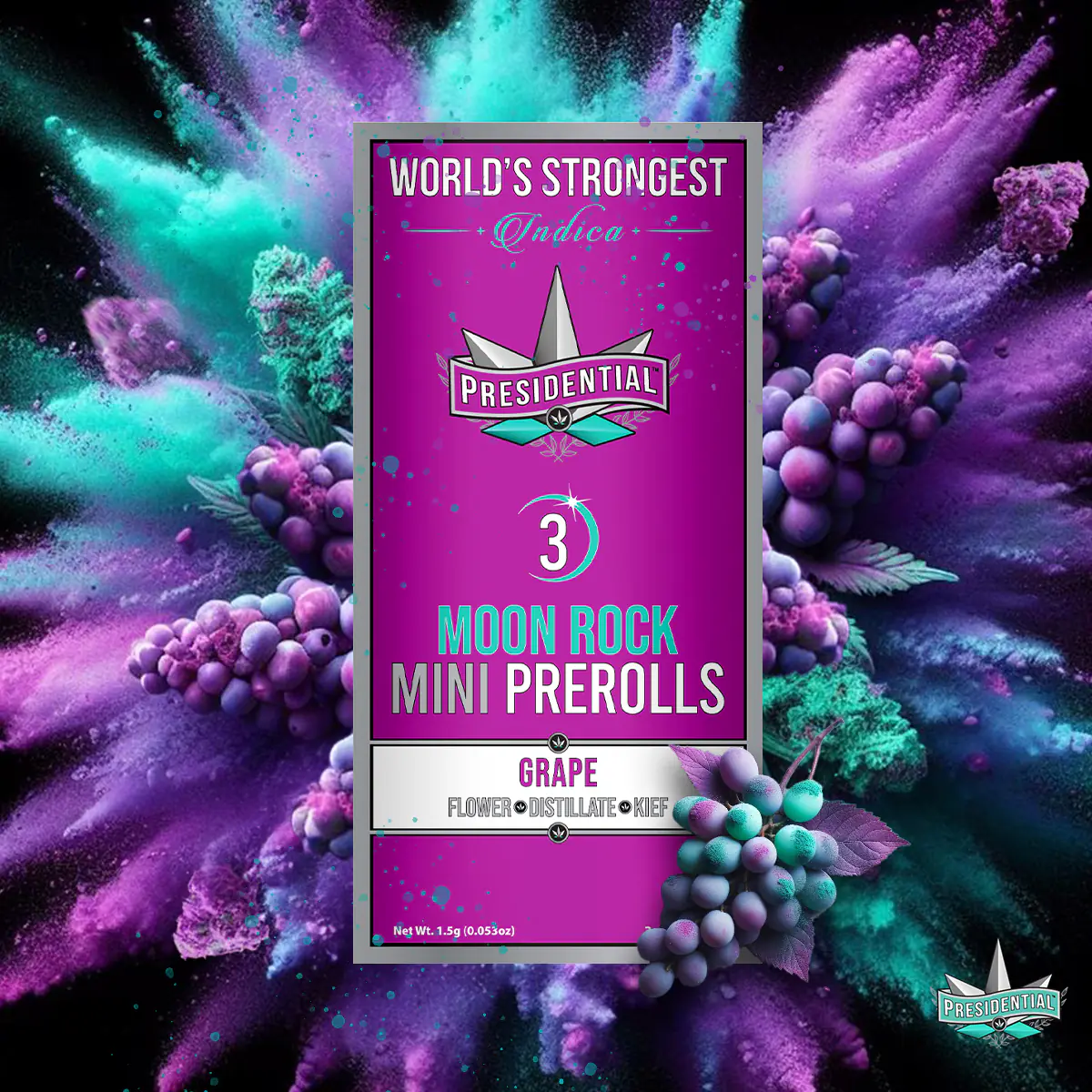 Presidential Grape mini pre-roll packaging artwork in a square layout