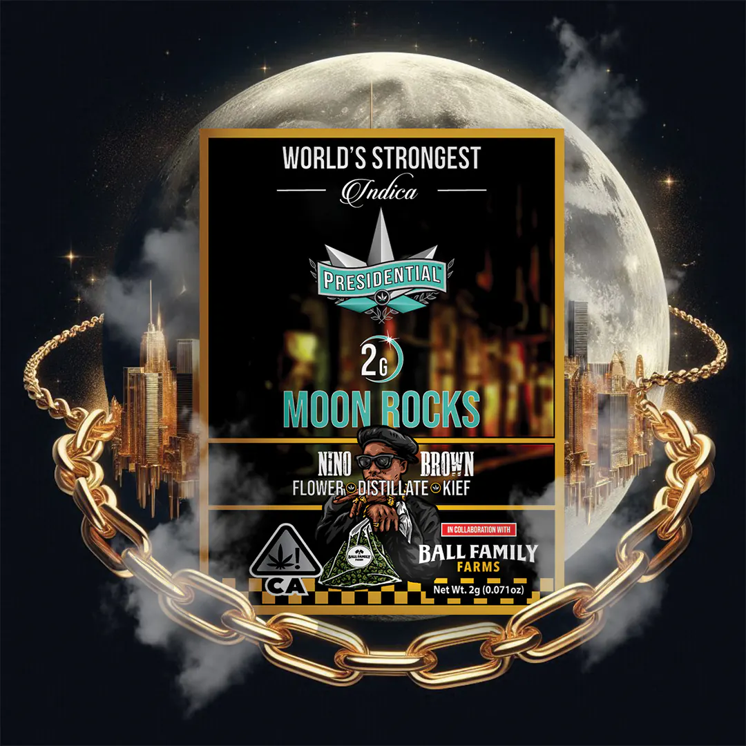Presidential Nino Brown moon rocks packaging artwork in a square layout